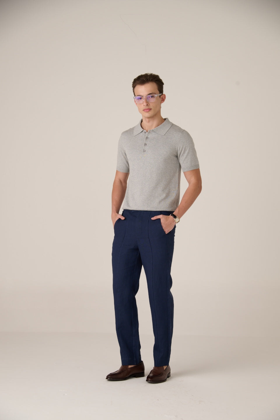 Linen Trousers Coastal Navy Blend Polo Stone grey