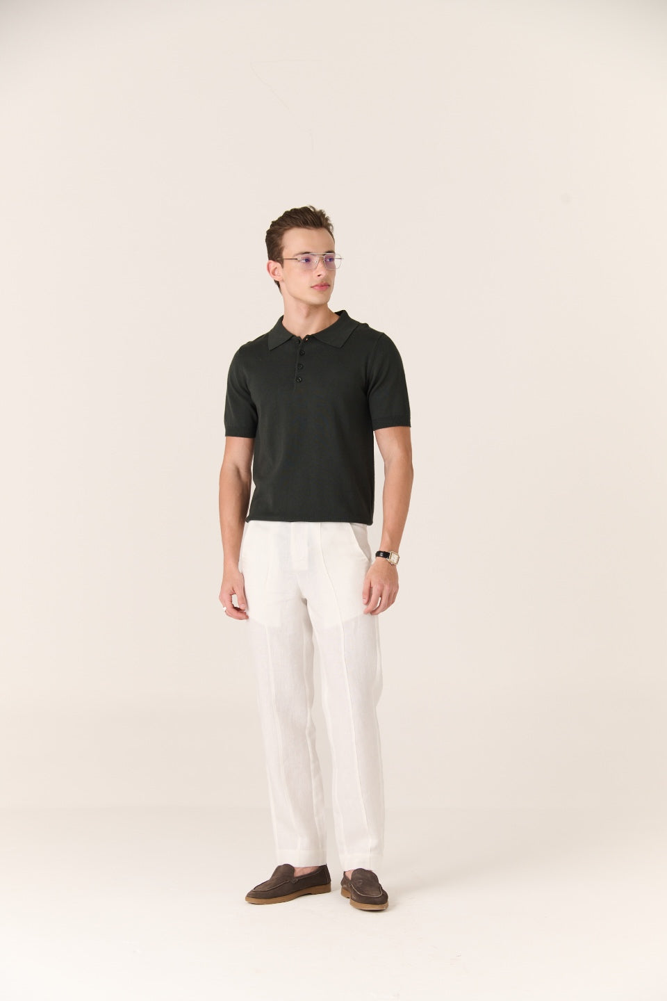 Linen Trousers Soft ivory Blend Polo Forest olive
