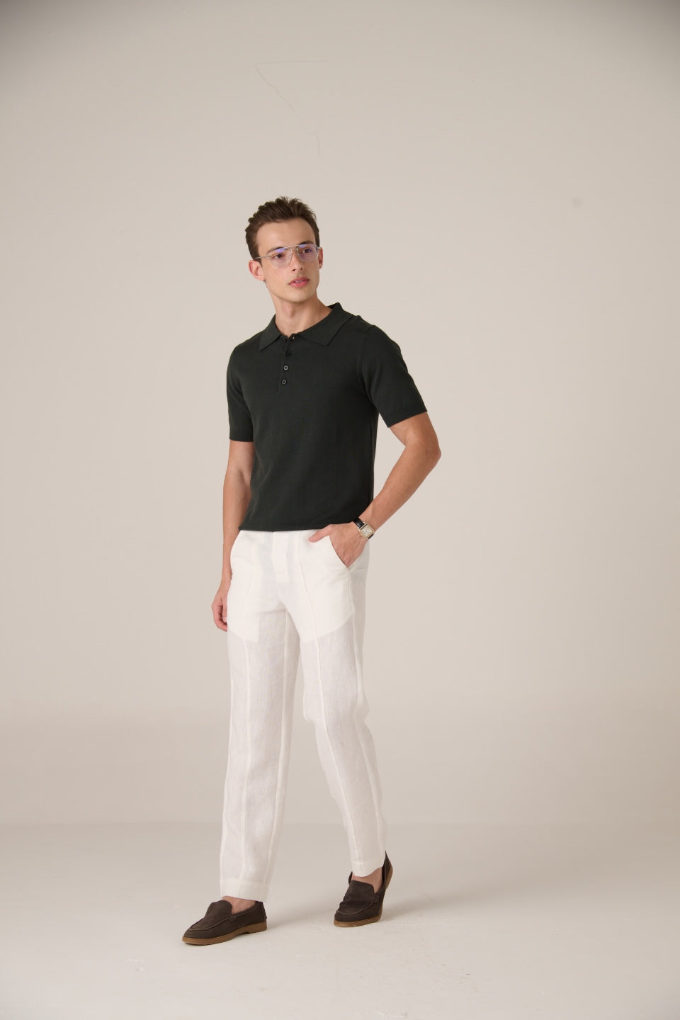 Linen Trousers Soft ivory Blend Polo Forest olive
