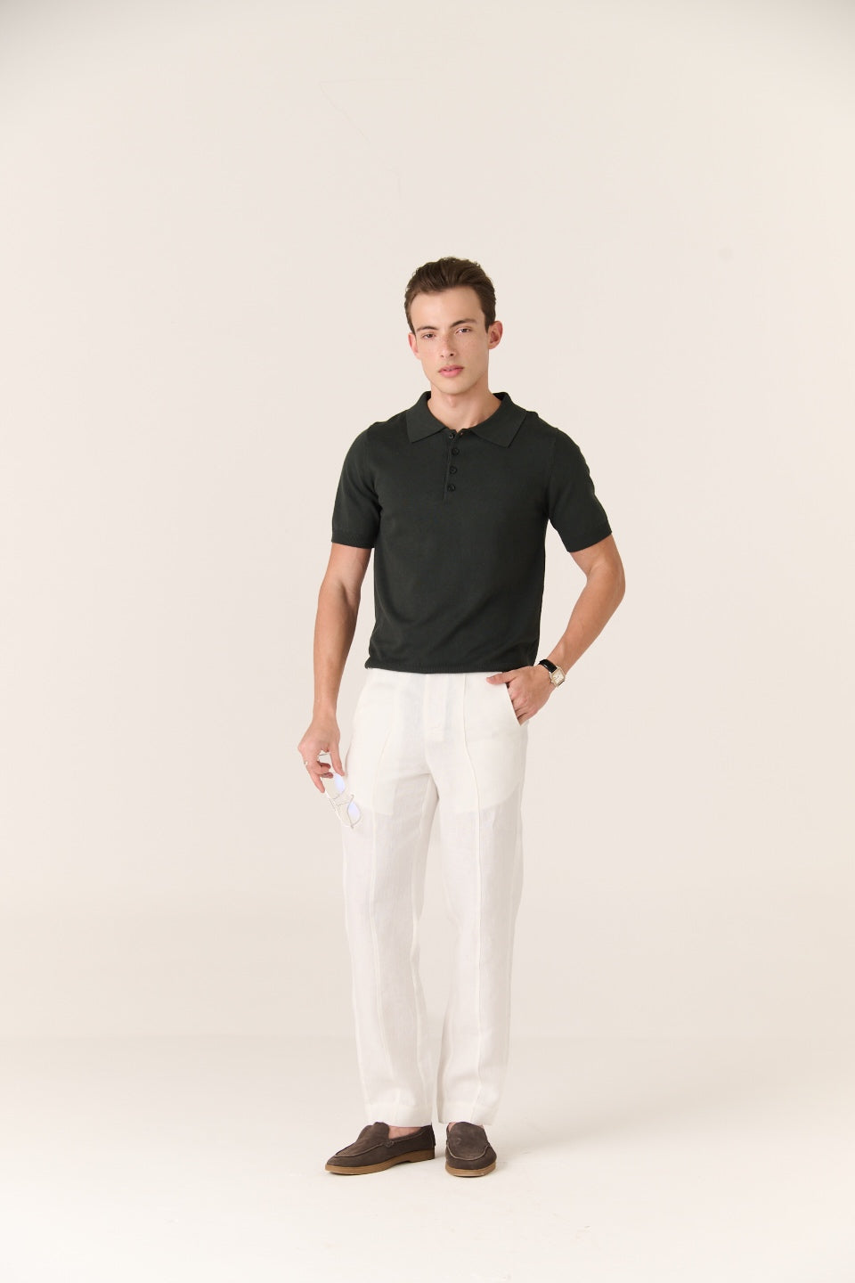 Linen Trousers Soft ivory Blend Polo Forest Olive