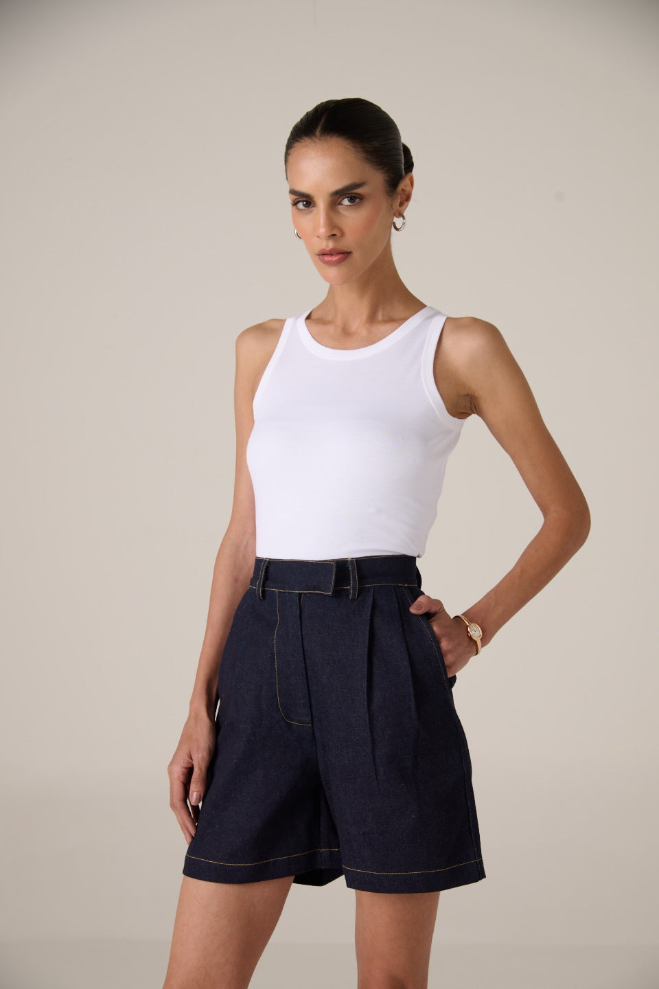 Linen Denim Shorts - Women - Classic Indigo - Riviera Tanktop- Midnight blue