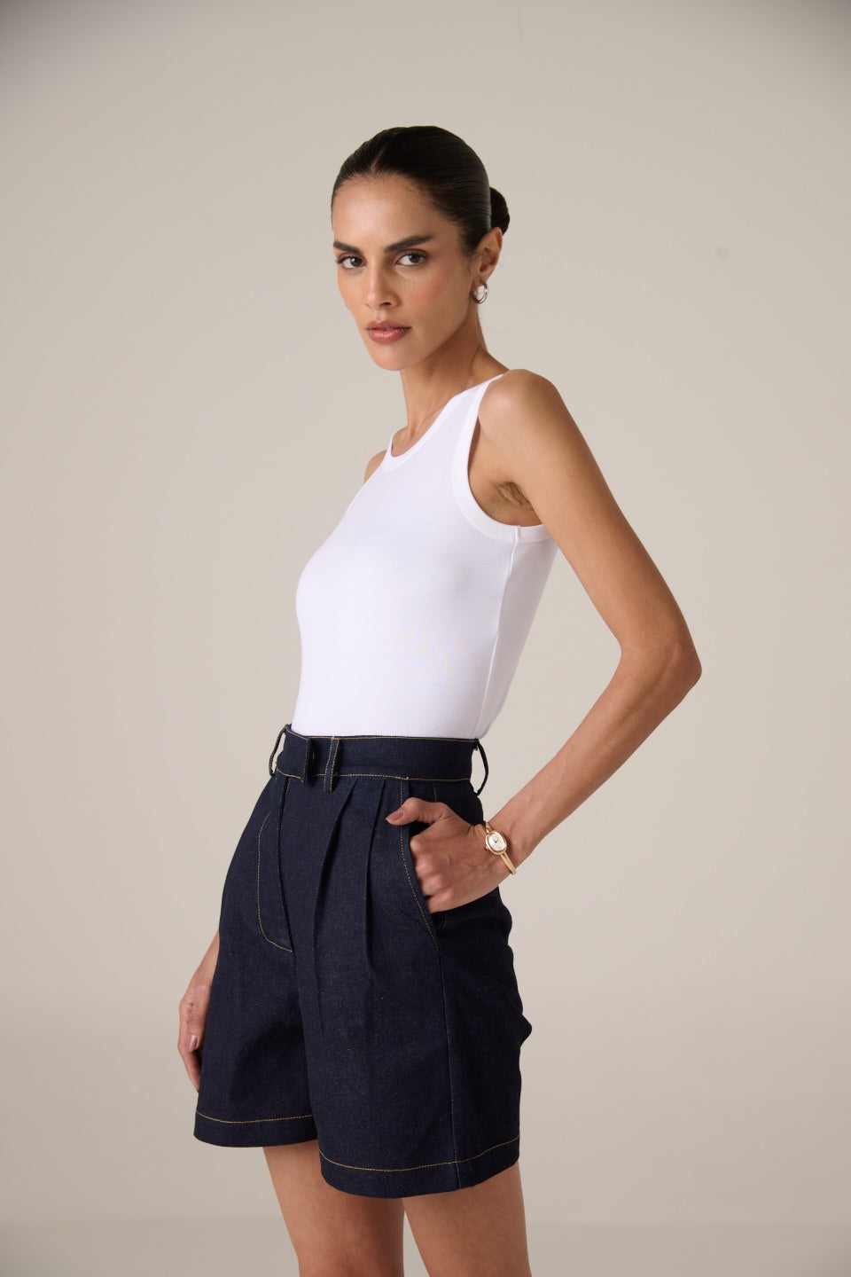 Linen Denim Shorts - Women - Classic Indigo - Riviera Tanktop- Midnight blue