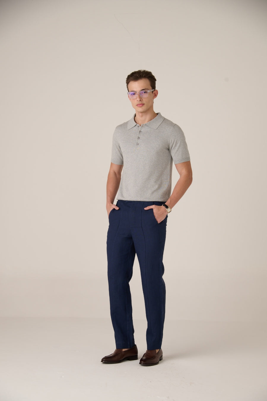 Linen Trousers Coastal Navy Blend Polo Stone grey