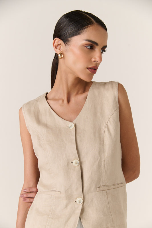 Linen Waistcoat Warm khaki