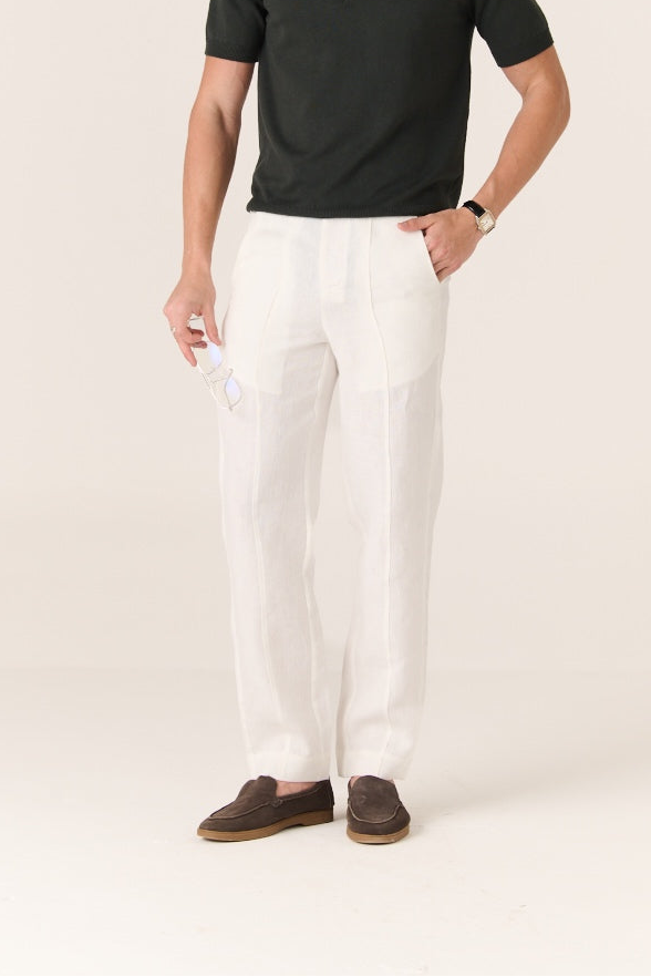 Linen Trousers Soft ivory Blend Polo Forest Olive